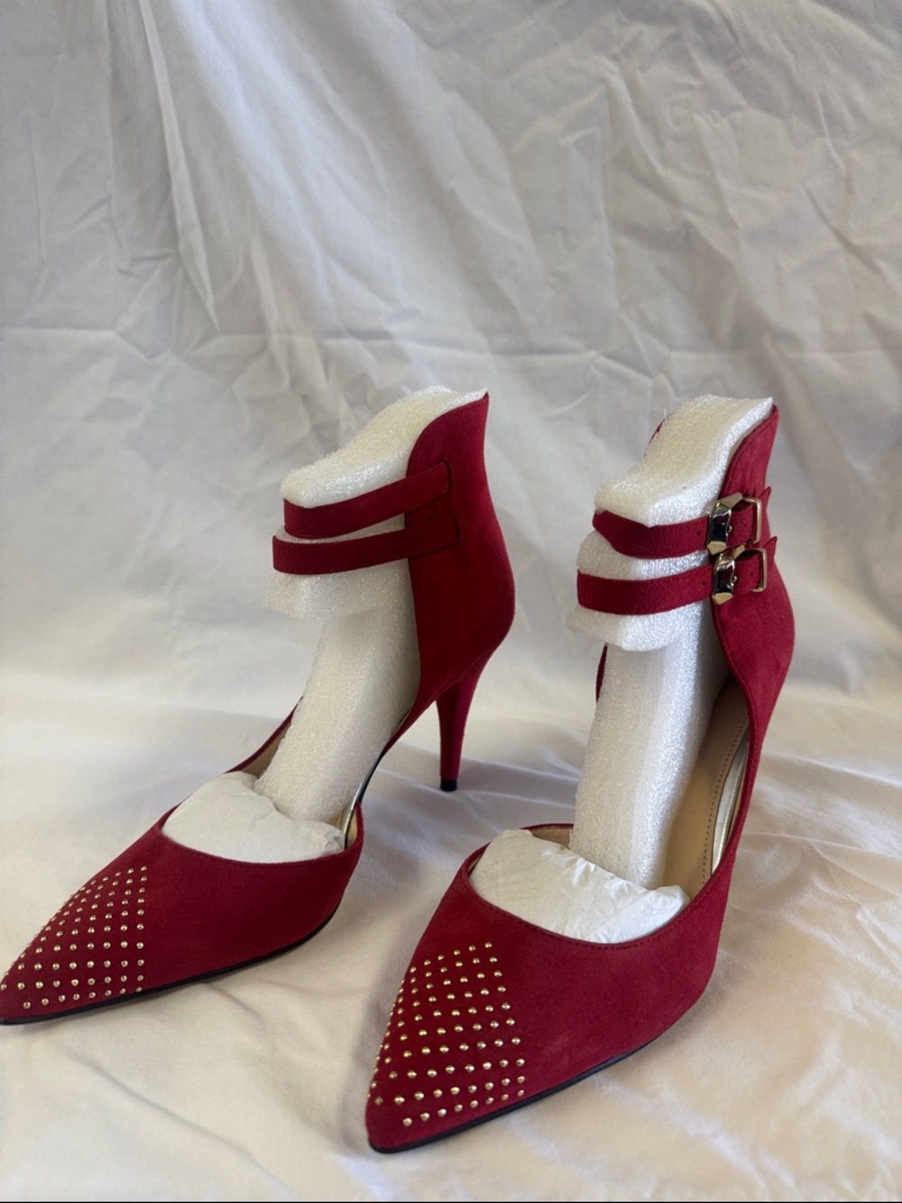 Guess Red Pointed-Toe Studded Double-Ankle Strap Heels